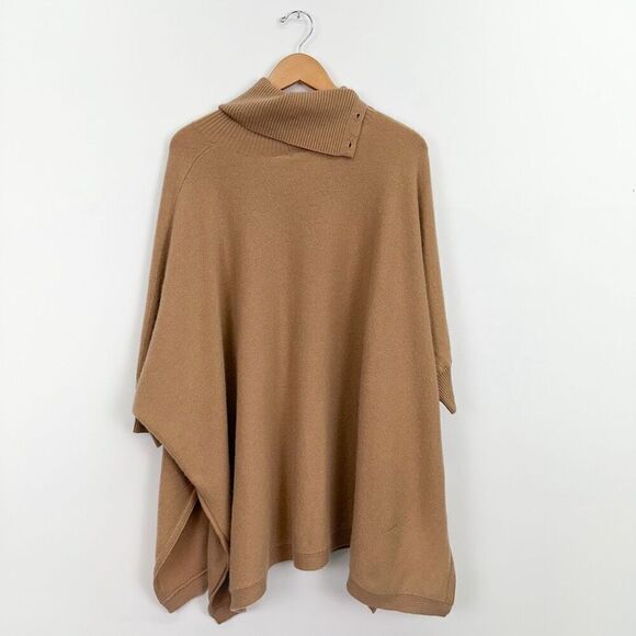 Soft by Naadam Women’s Tan Cashmere Button Turtleneck Oversized Poncho Sweater - Picture 3 of 8
